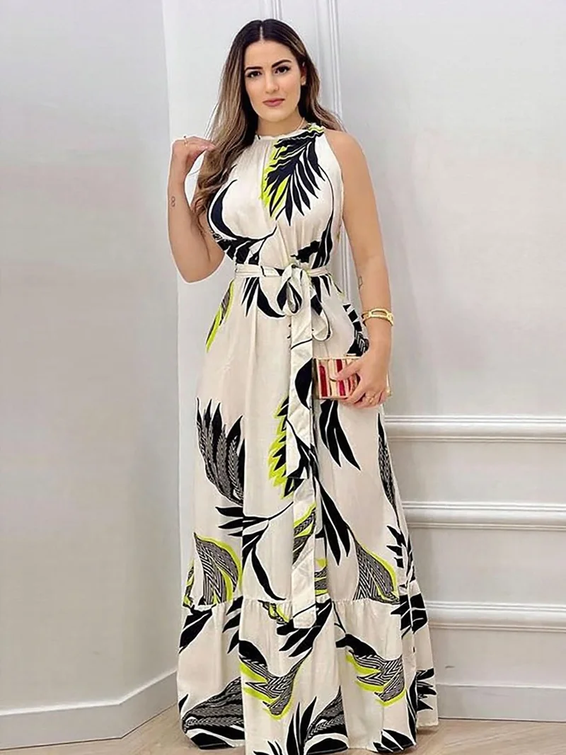 OUTZIDR White Printed High Neck Maxi Dress